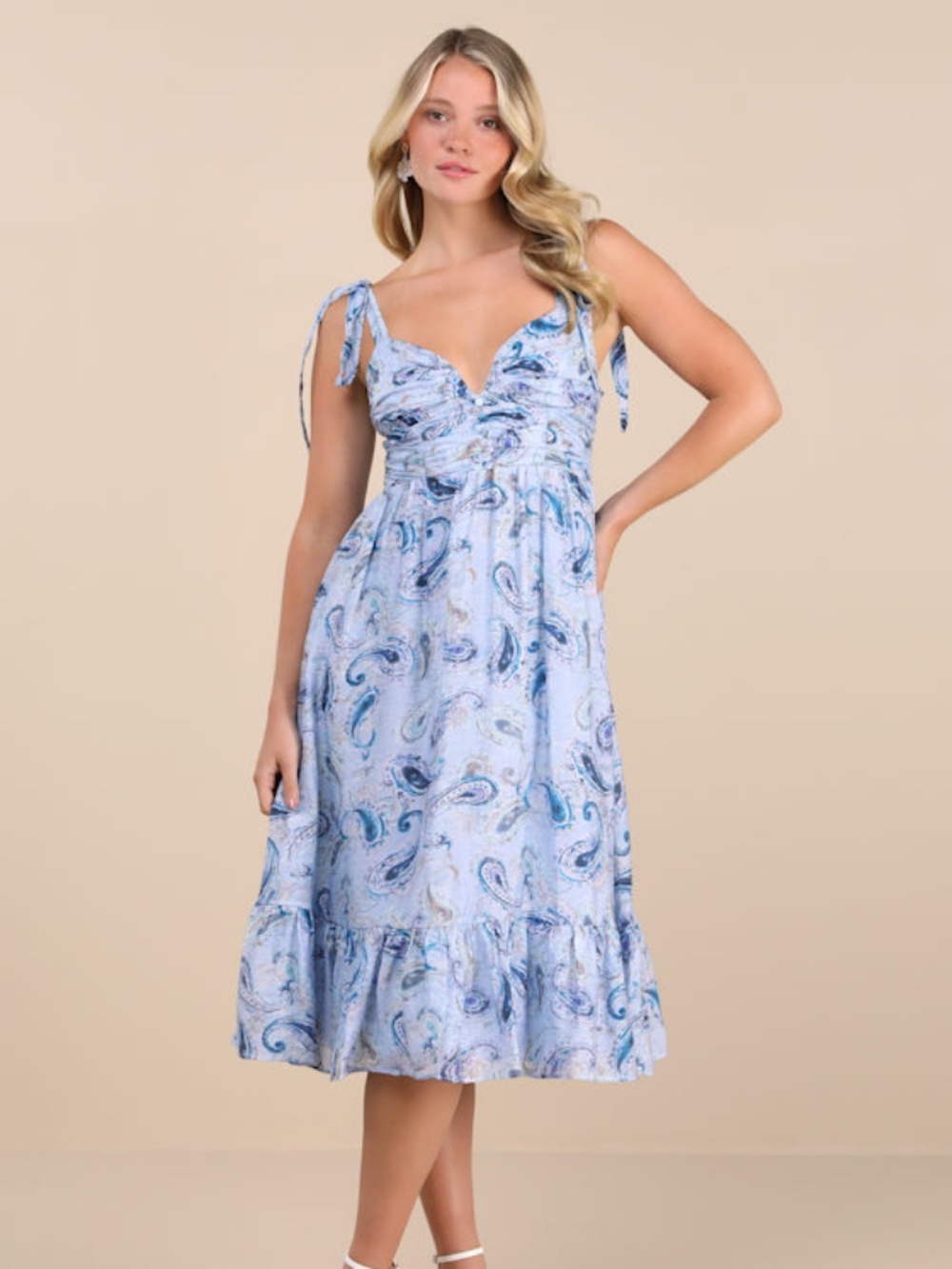 Lulus Lush Loveliness Light Blue Paisley Tie-strap Midi Dress - Size M